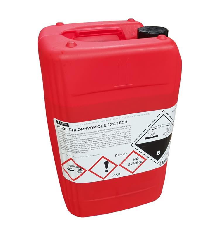 Bidon rouge Acide Chlorhydrique 33% Tech 23kg - Décapant et détartrant industriel UN 1789.