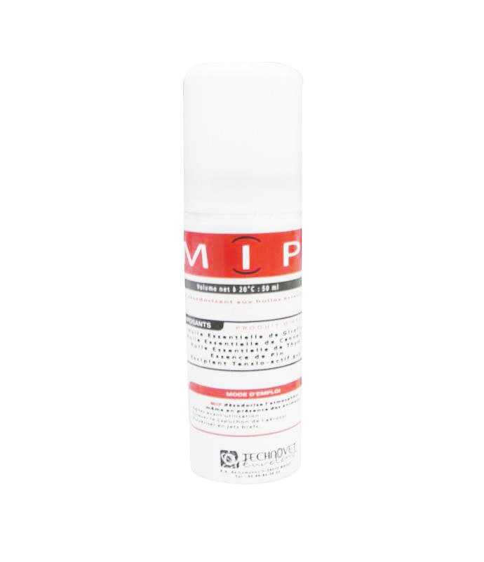 Aérosol de 50 ml MIP assainissant aux huiles essentielles de pin, thym, cannelle et girofle, pour locaux animaliers.