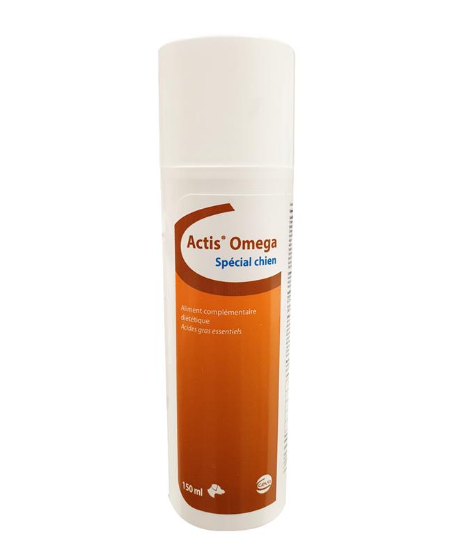 Flacon blanc Actis Omega Spécial Chien de 150 ml, complément alimentaire diététique pour la fonction dermique.