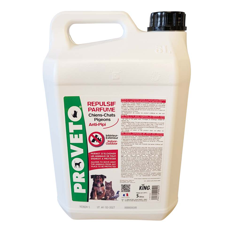 Bidon blanc de 5L de répulsif parfumé Proveto King pour éloigner les chiens, chats et pigeons des surfaces intérieures et extérieures.