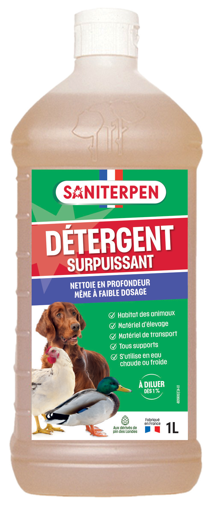 Flacon d'un litre de Saniterpen Détergent Surpuissant concentré pour le nettoyage en profondeur des élevages et habitats d'animaux.