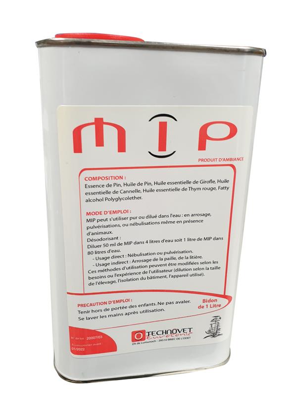 Bidon métallique de 1 Litre de MIP Technovet, produit d'ambiance naturel aux huiles essentielles pour l'hygiène et la désodorisation des locaux d'élevage.