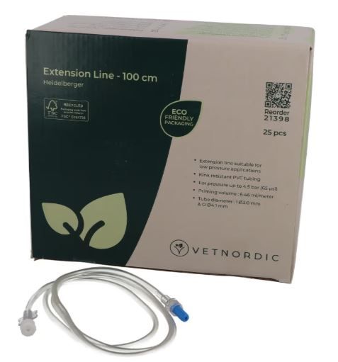 Boîte de 25 prolongateurs Heidelberger Vetnordic de 100 cm avec tubulure en PVC transparent et connecteurs Luer Lock.