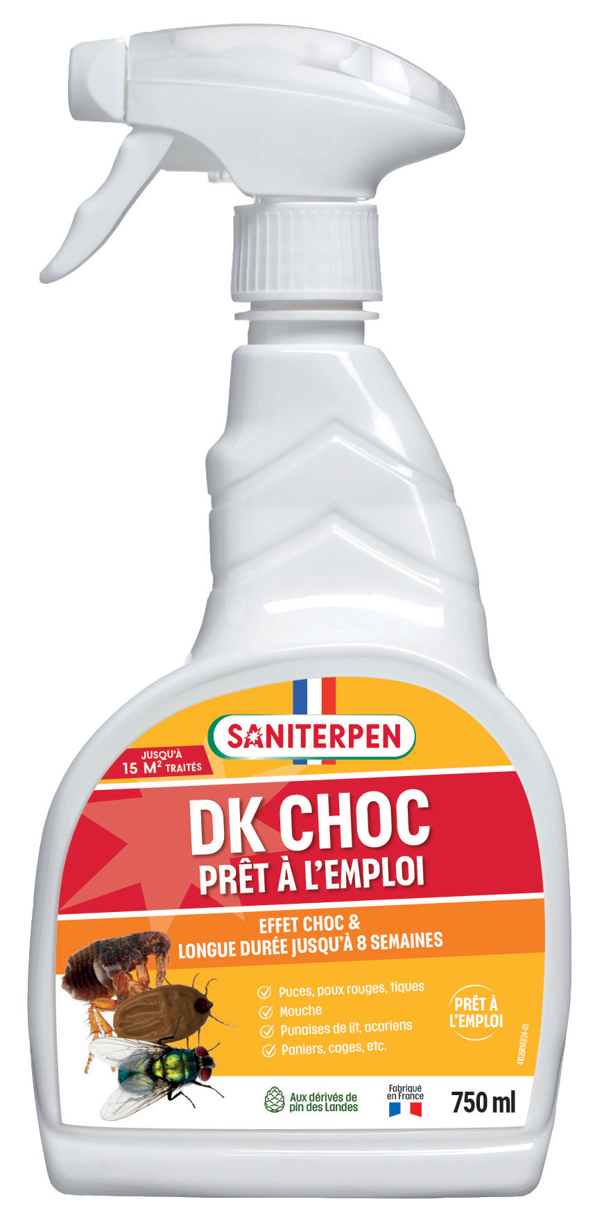 Flacon spray blanc de 750 ml de Saniterpen Insecticide DK Choc prêt à l'emploi avec étiquette jaune et rouge pour poulaillers et niches.