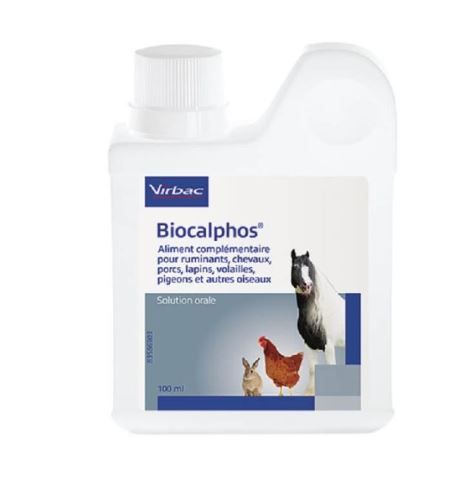 Flacon blanc de 100 ml de Biocalphos Virbac, solution minérale orale pour chevaux, ruminants et volailles.