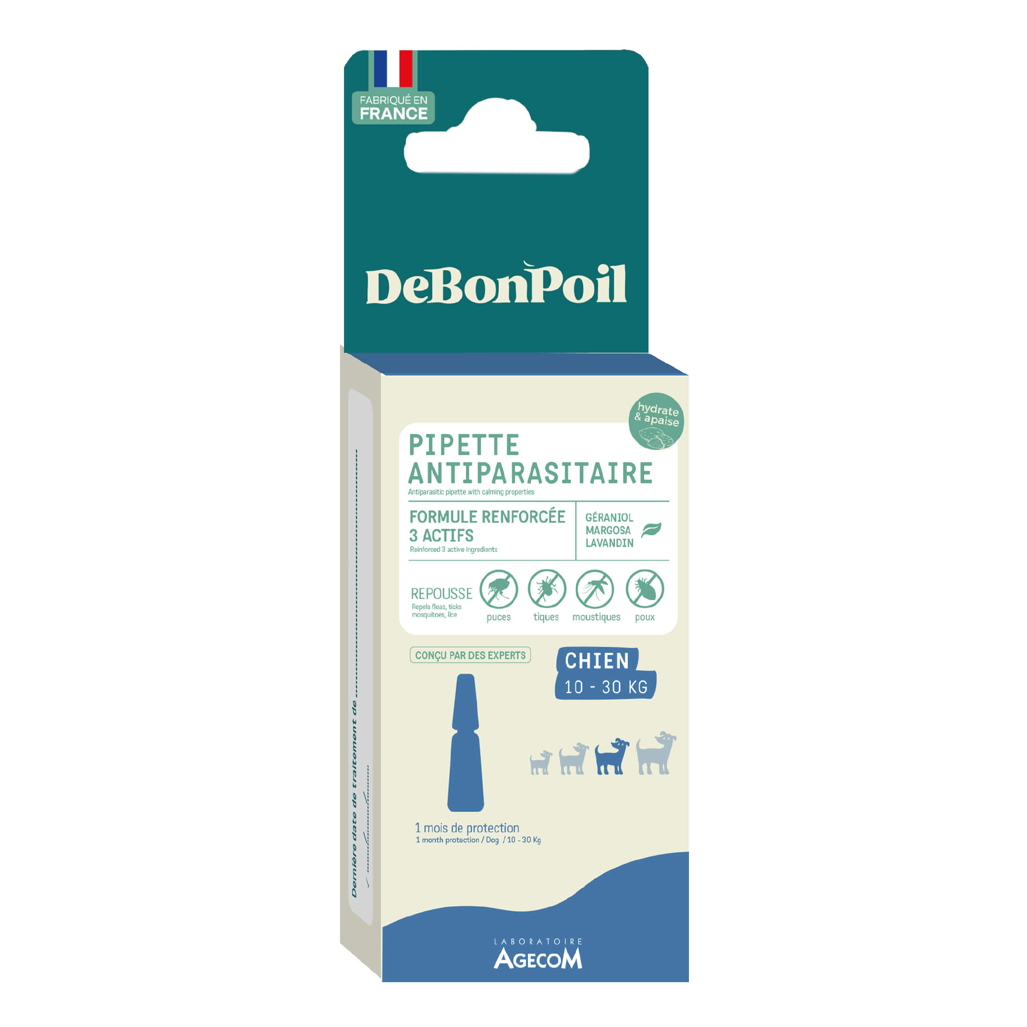 Boîte cartonnée blanche et bleue de Pipette Antiparasitaire Chien 15-30 kg DeBonPoil formule renforcée aux 3 actifs fabriquée en France.