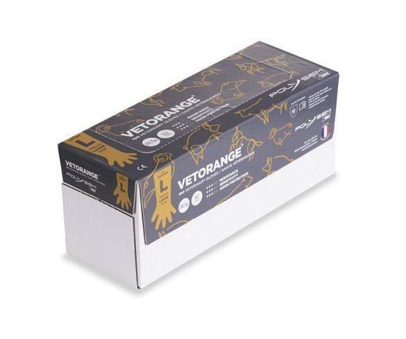 Boîte distributrice de 100 gants vétérinaires VETORANGE de taille L par POLYSEM, fabriqués en France.