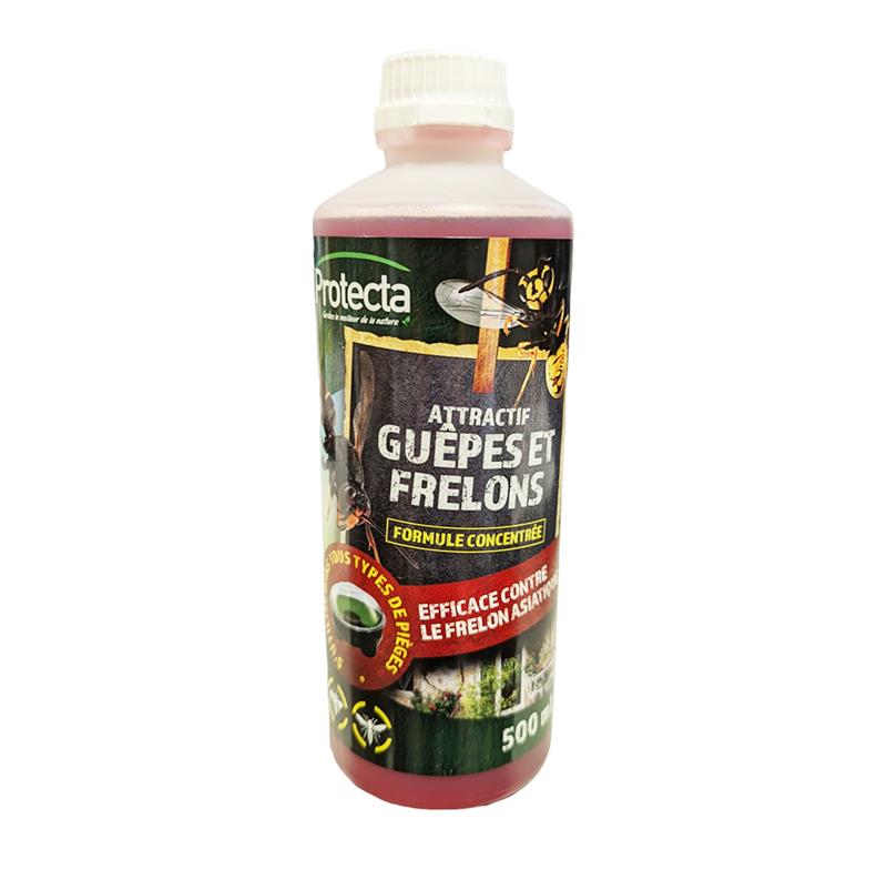 Flacon de 500 ml d'attractif liquide rouge Protecta pour piège à guêpes et frelons, formule concentrée efficace contre le frelon asiatique.