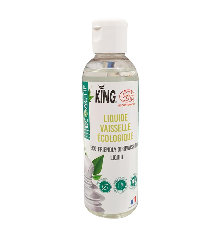 Flacon transparent de 100 ml de Liquide Vaisselle Écologique King Éco-Actif certifié Ecocert avec bouchon à clapet.