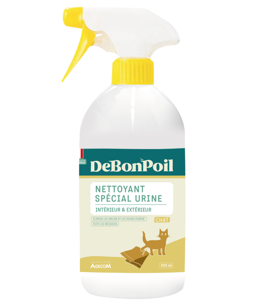 Flacon spray blanc de 500 ml de Nettoyant Spécial Urine Chat DeBonPoil intérieur et extérieur avec pistolet jaune.