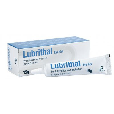 Boîte blanche et tube de 15g de Lubrithal Eye Gel par Dechra, gel lubrifiant et protecteur pour les yeux des animaux.