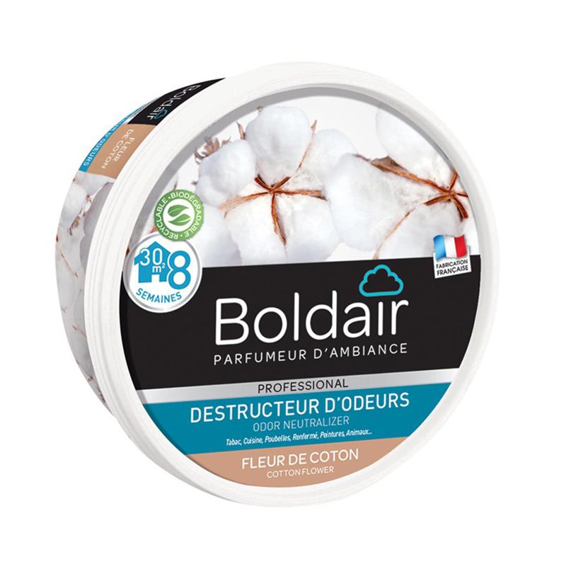 Boîte circulaire de 300 g de Gel Destructeur d'Odeurs Boldair senteur Fleur de Coton, étiquette blanche illustrée de fleurs de coton, mentionnant une action de 8 semaines et une fabrication française.