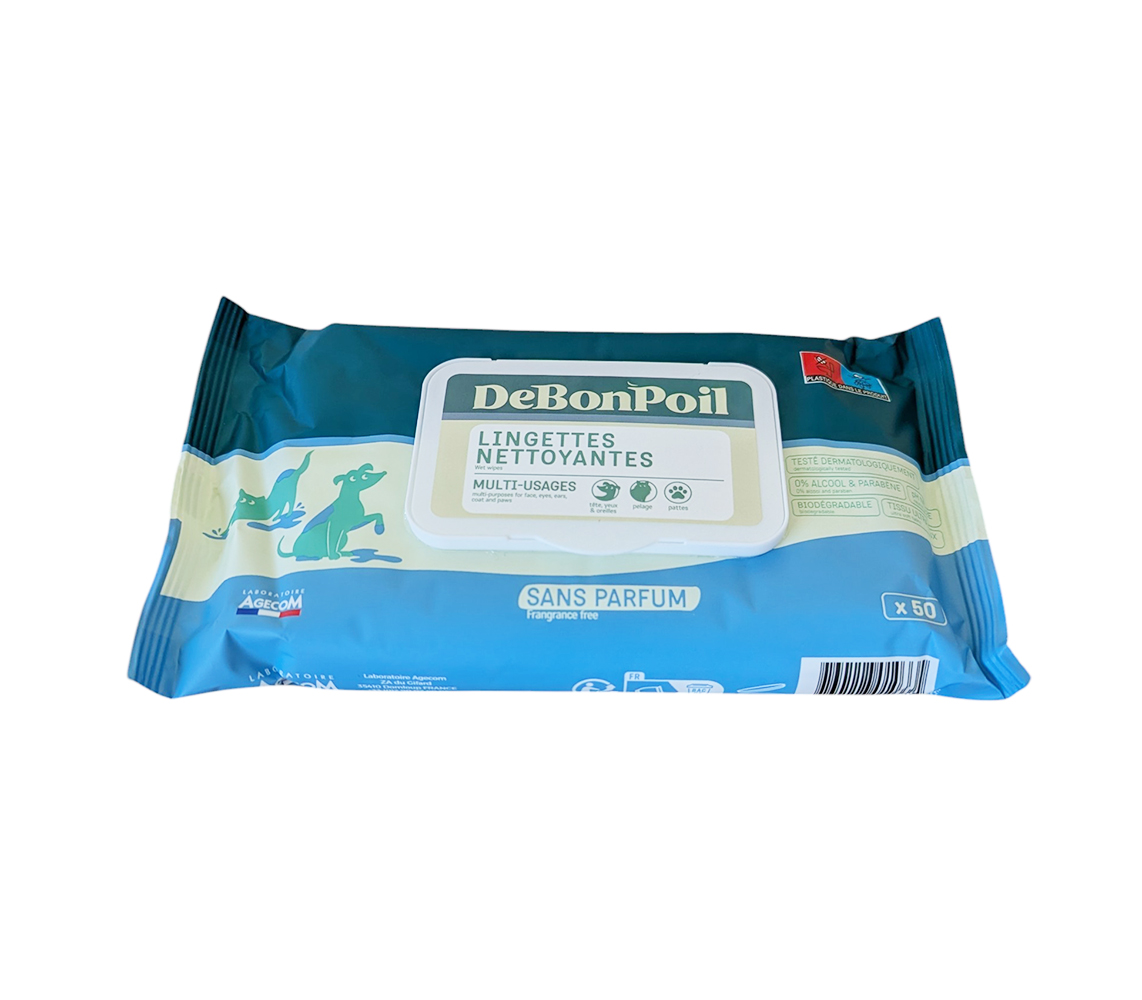 Paquet de 50 lingettes nettoyantes DeBonPoil sans parfum pour chien et chat multi usages