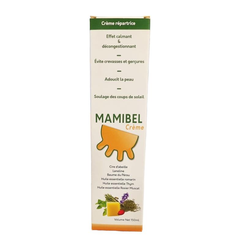 Tube de 150 ml de crème réparatrice MAMIBEL pour le soin des trayons, des crevasses et des gerçures, action antiseptique et cicatrisante.