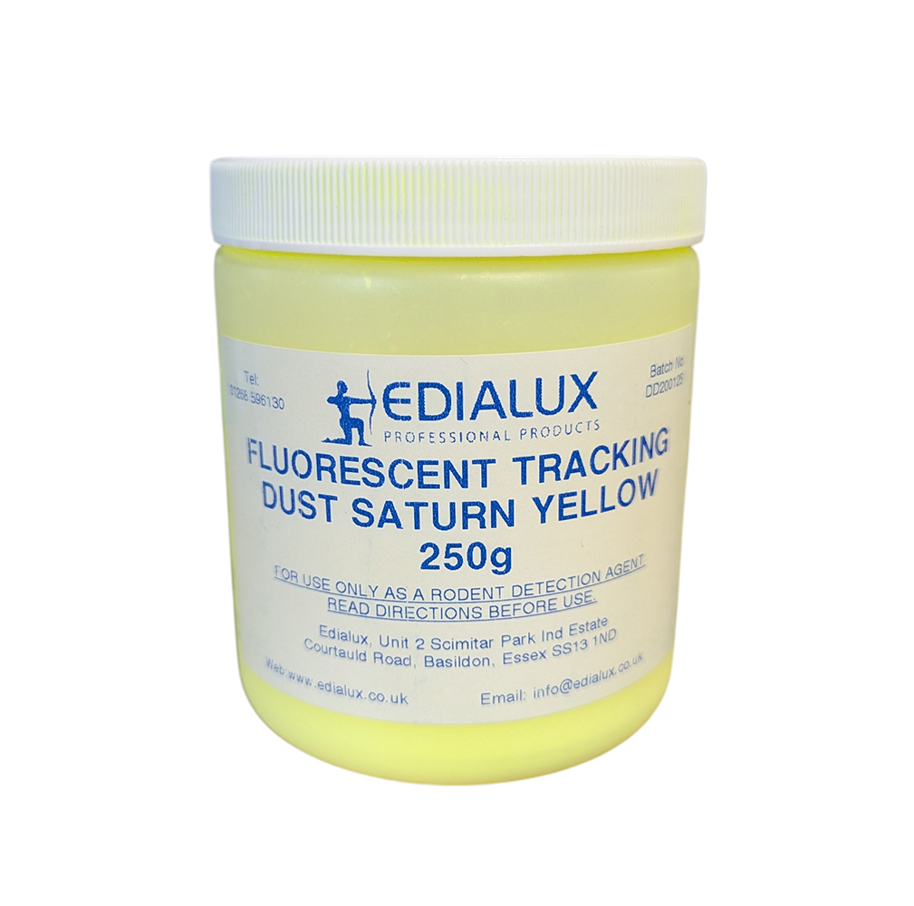 Pot de 250g de poudre de piste fluorescente Saturn Yellow Edialux pour la détection des rongeurs.