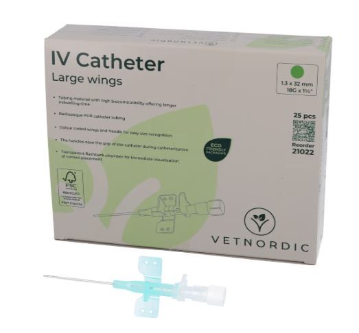 Boîte de 25 cathéters IV verts Vetnordic 18G avec grandes ailes et chambre de reflux transparente pour usage vétérinaire.