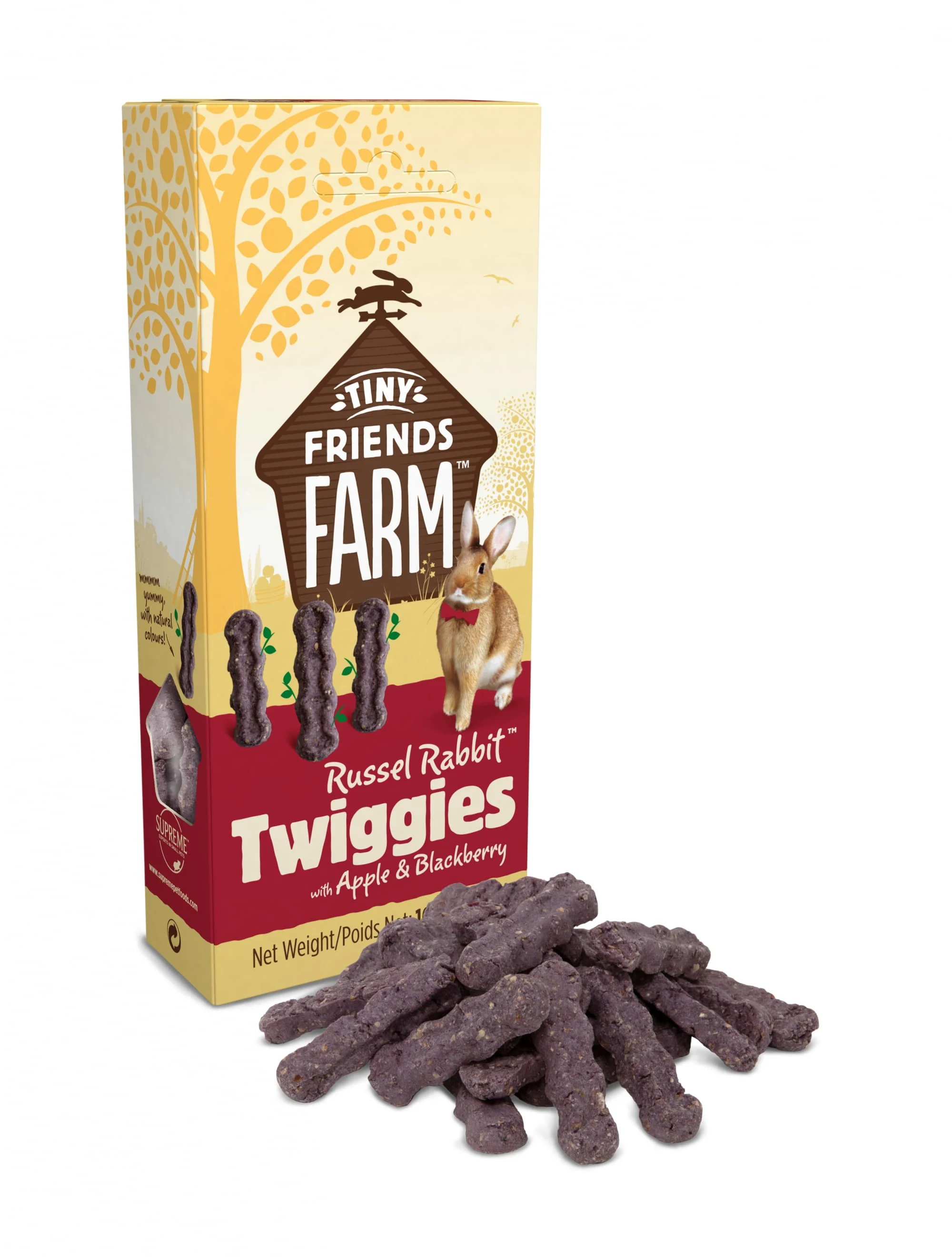 Boite de 100g de batonnets croquants a la pomme et mure Tiny Friends Farm Russel Rabbit Twiggies.