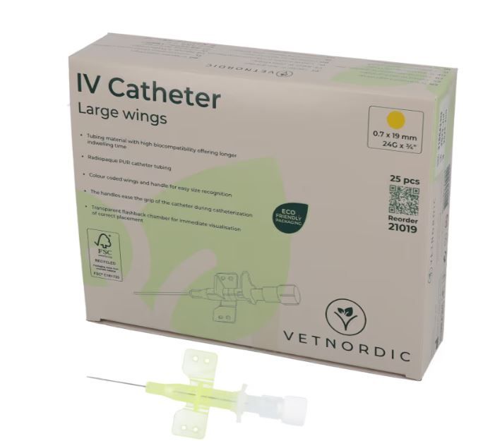 Boîte de 25 cathéters IV jaunes Vetnordic 24G avec grandes ailes et chambre de reflux transparente pour usage vétérinaire.