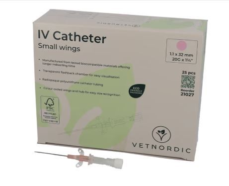 Boîte de 25 cathéters IV roses Vetnordic 20G avec petites ailes et chambre de reflux transparente pour usage vétérinaire.