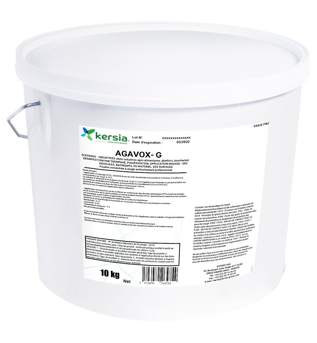Seau Agavox G Kersia 10kg désinfectant poudre peracétique polyvalent élevage et transport bio