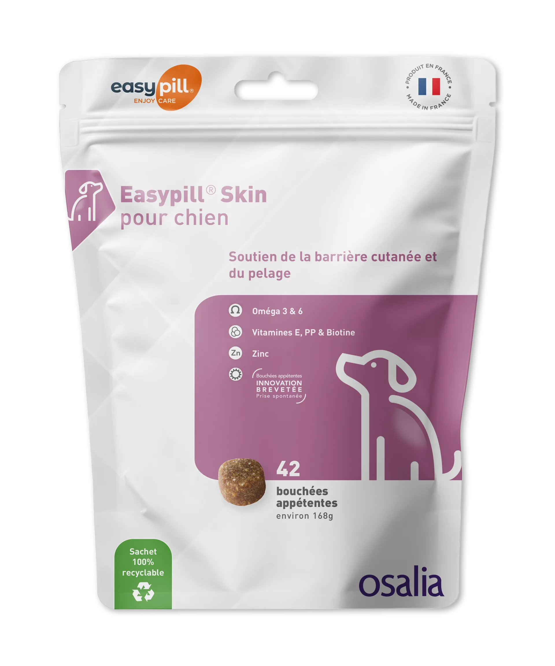 Sachet Easypill Skin Chien 42 bouchées - Complément peau et pelage avec Oméga 3, Zinc et Biotine