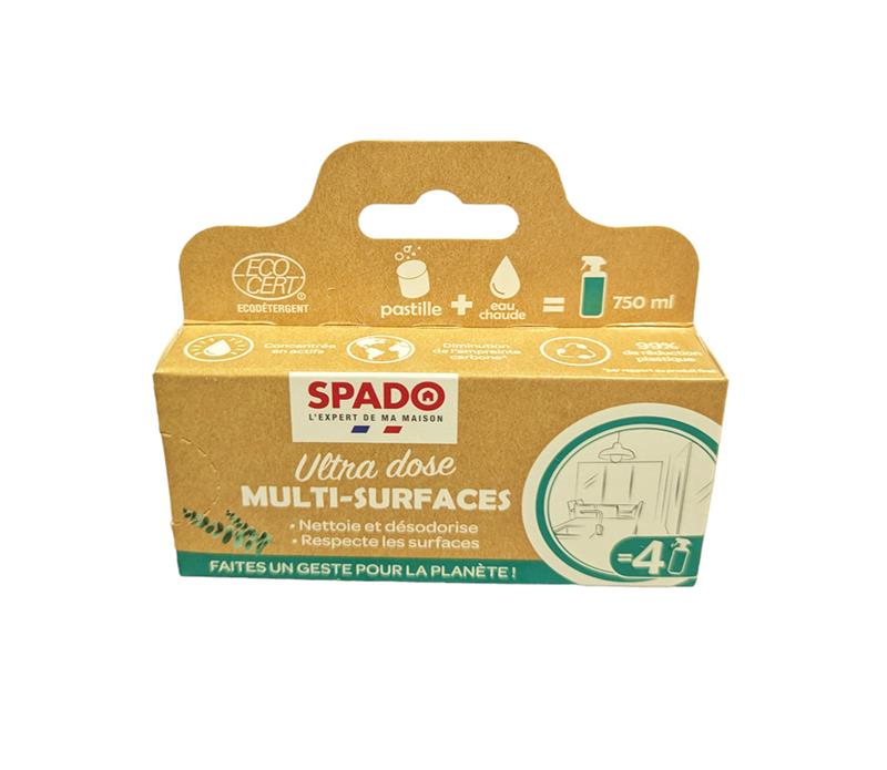 Boîte de 4 pastilles nettoyantes multi-surfaces SPADO Ultra Dose Écocert à l'eucalyptus.