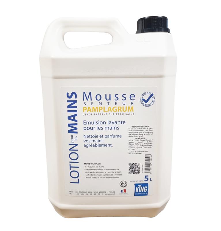 Grand bidon blanc de 5 Litres de Lotion pour les mains Mousse Senteur Pamlagrum King testée sous contrôle dermatologique.