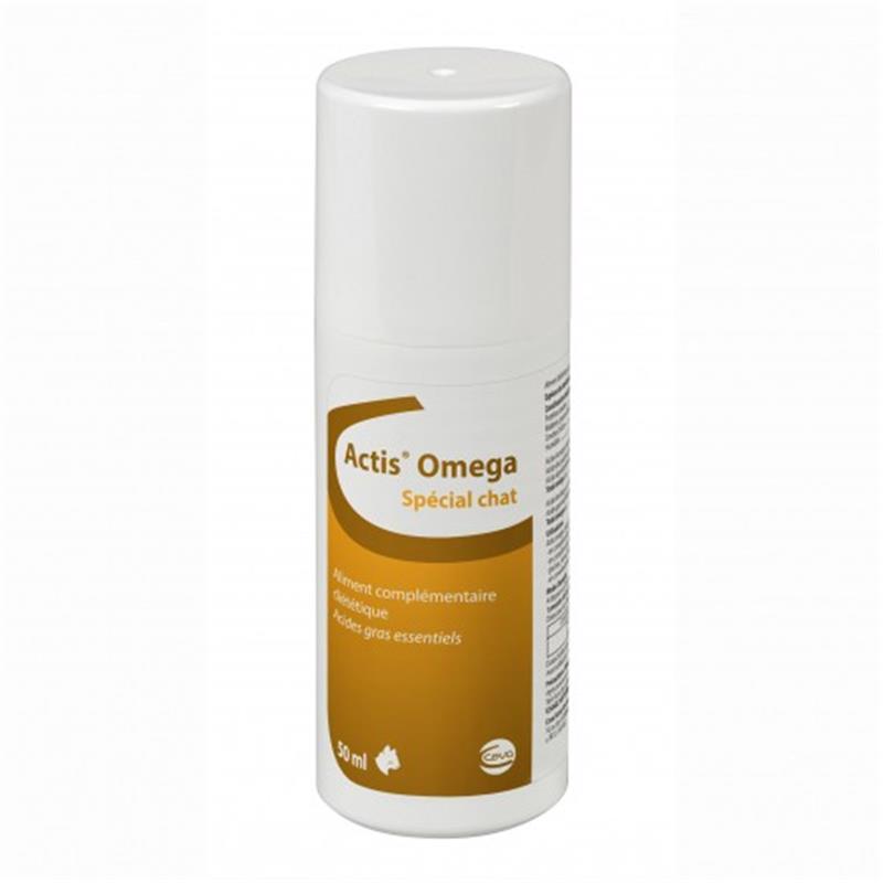 Flacon blanc d'Actis Omega Spécial Chat de 50 ml, un complément alimentaire diététique pour la peau et le pelage.