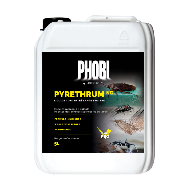 Bidon de 5L PHOBI Pyrethrum NG, insecticide liquide concentré végétal sans PBO, certifié HACCP et Bio.