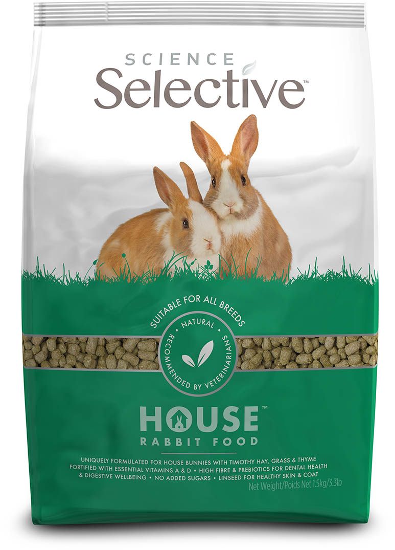 Sachet de 1,5 kg d'extrudés Supreme Science Selective House Rabbit avec visuel de deux lapins d'intérieur.