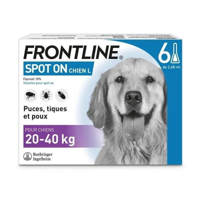 Boîte blanche et bleue de Frontline Spot On Chien L contenant 6 pipettes de traitement anti-puces et anti-tiques pour chien de 20 à 40 kg.