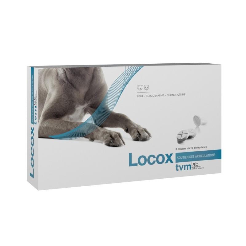 Boîte blanche et bleue de 30 comprimés quadrisécables Locox TVM pour le soutien des articulations du chien et du chat.