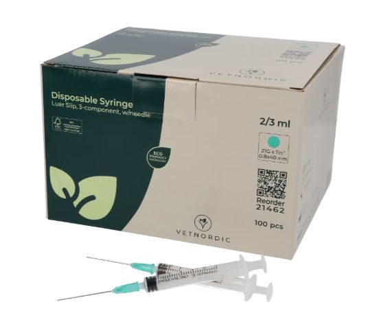 Boîte de 100 seringues montées VetNordic 3ml aiguille verte 21G x 40mm.