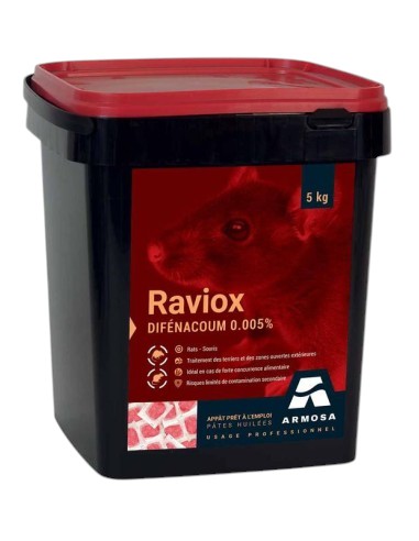 Seau noir de 5 kg de Raviox, rodenticide professionnel en pâte huilée rouge au Difénacoum pour rats et souris.