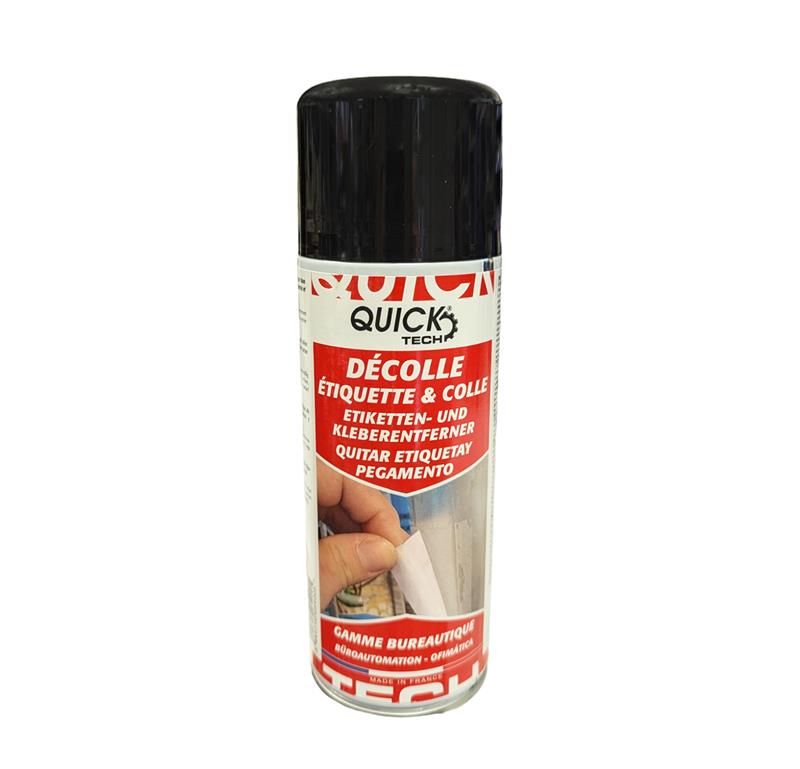 Flacon aérosol blanc et rouge de Spray Décolle Étiquette et Colle Quick Tech Gamme Bureautique avec bouchon noir.