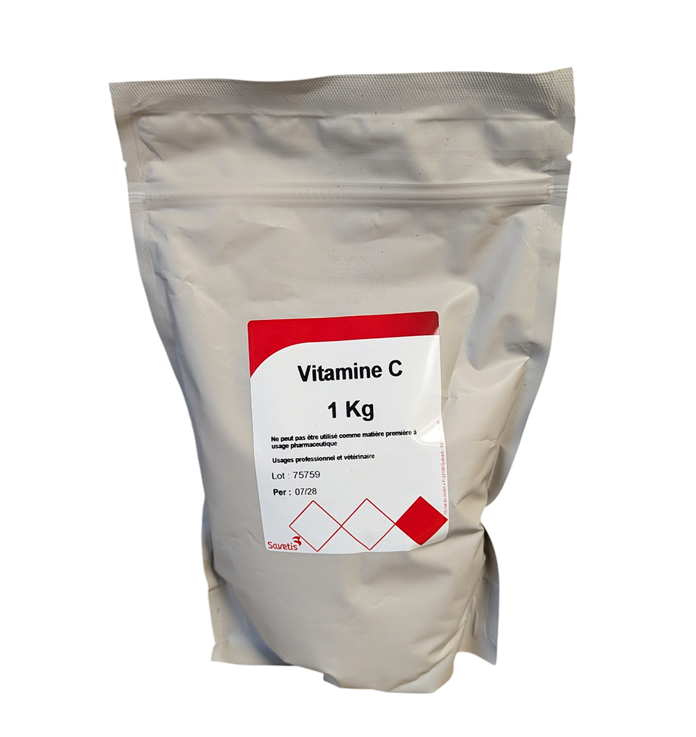 Sachet 1 kg Vitamine C Savetis – complément nutritionnel hydrosoluble pour volailles, porcs et ruminants.
