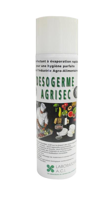 Bombe aérosol blanche de 500 ml de désinfectant à évaporation rapide Desogerme Agrisec pour industrie agro-alimentaire par les Laboratoires A.C.I.