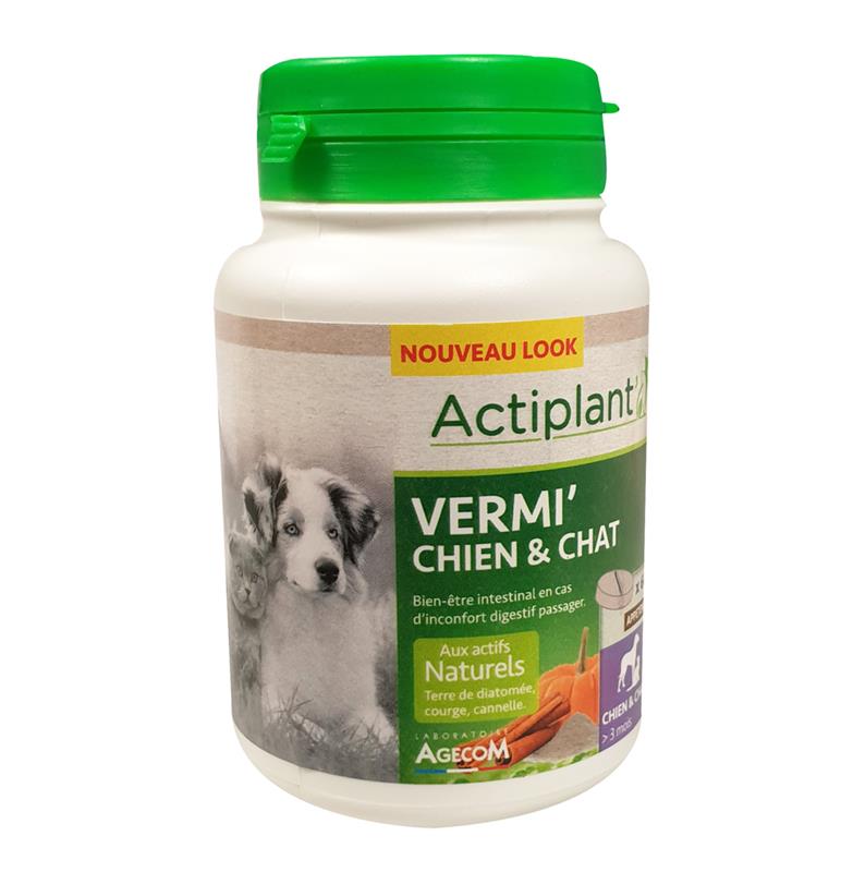 Pot Actiplant Vermi Chien Chat 60 comprimés purge naturelle terre de diatomée courge.