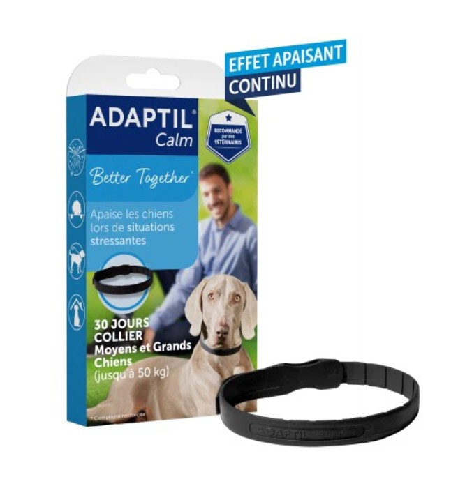 Boîte de collier ADAPTIL Calm pour chiens de tailles moyenne et grande, assurant un effet apaisant continu pendant 30 jours.