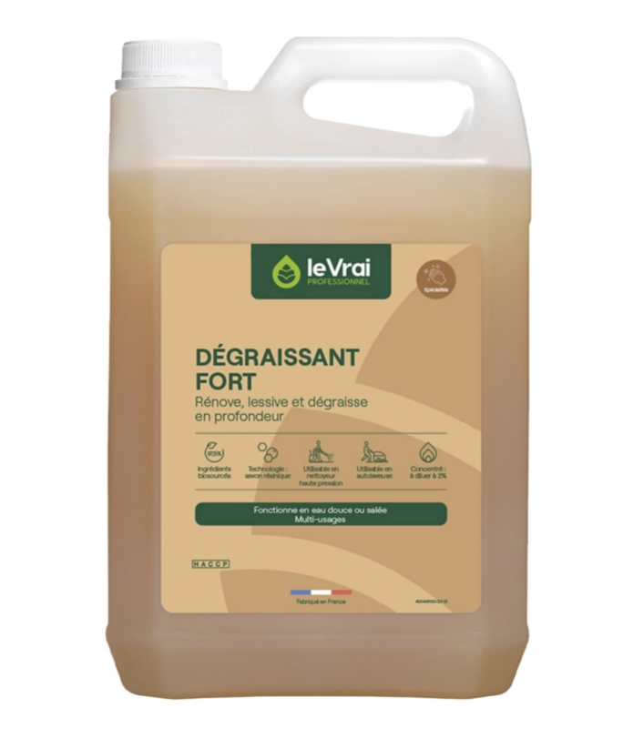 Grand bidon blanc de 5 Litres de détergent liquide marron Le Vrai Professionnel Dégraissant Fort pour sols industriels, ateliers et garages.
