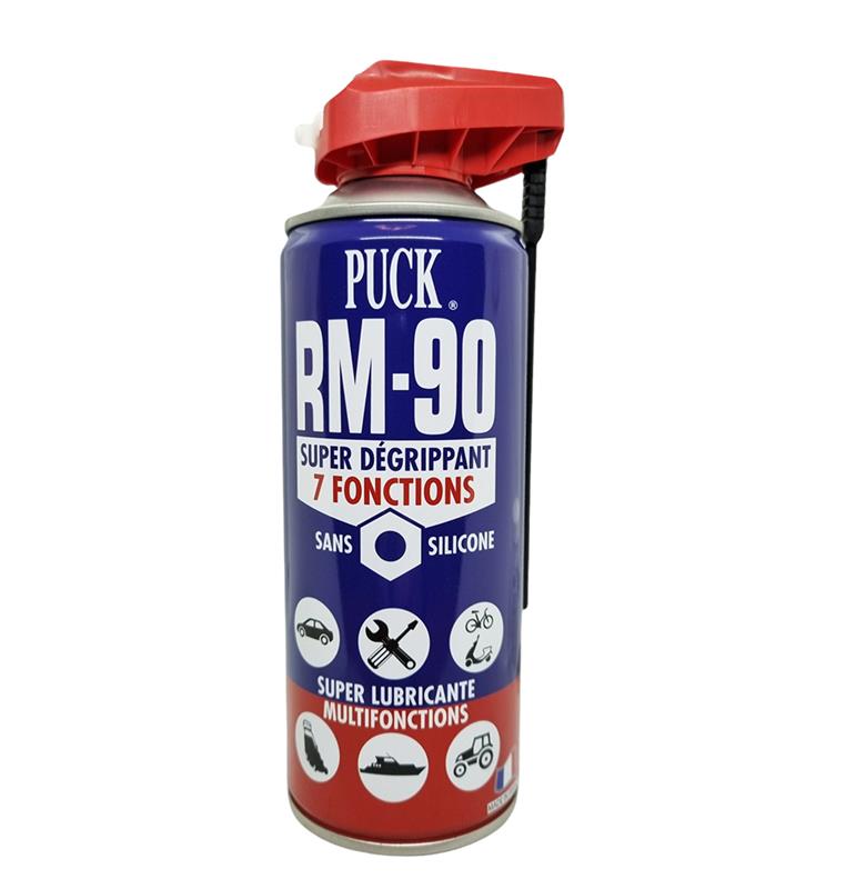 Aérosol Super Dégrippant RM90 PUCK 400ml lubrifiant sans silicone 7 fonctions.
