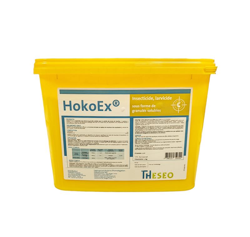 Seau jaune de 5 kg de larvicide HOKOEX sous forme de granulés solubles pour le contrôle des mouches en élevage.