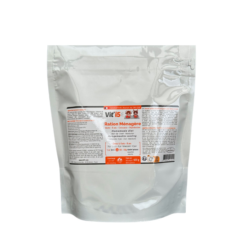 Vit’i5 Orange Eco-Recharge 600 g Osalia – complément minéral et vitaminé pour chien et chat nourris à la ration ménagère crue.