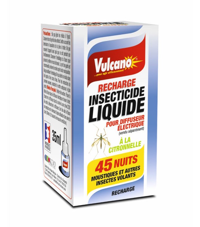 Boîte de recharge insecticide liquide Vulcano à la citronnelle, efficacité 45 nuits, compatible tous diffuseurs électriques.