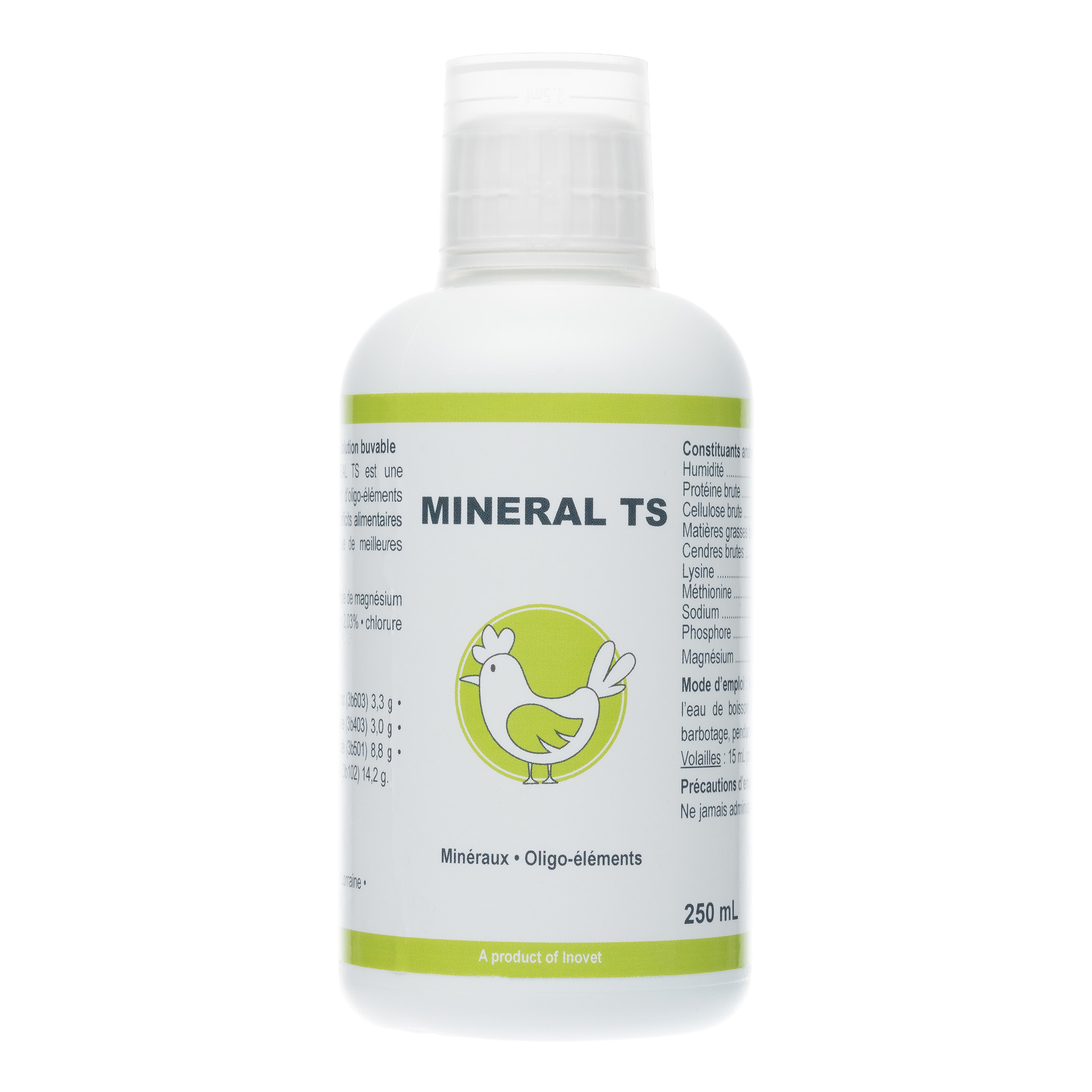 Flacon de 250 ml de MINÉRAL TS, solution buvable de minéraux et oligo-éléments avec une illustration de poule sur fond vert.