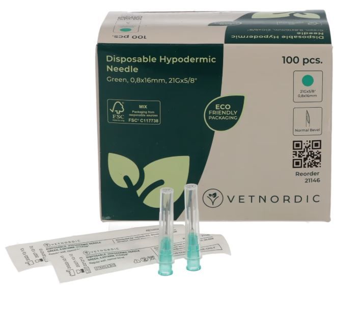 Boîte de 100 aiguilles hypodermiques VetNordic 21G Verte 16mm, pour volailles et porcelets.