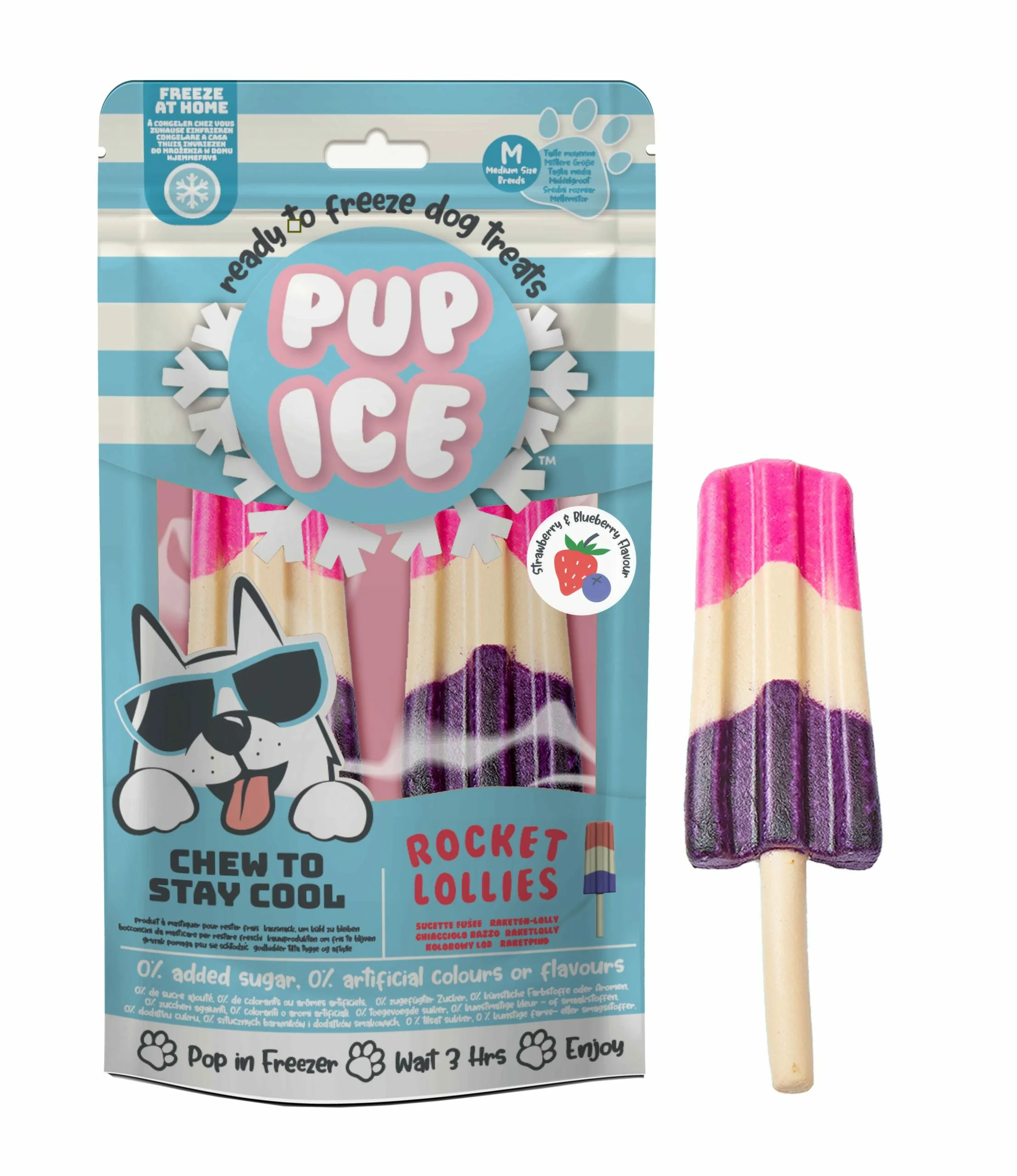 Sachet bleu ciel de 2 glaces fusées à la fraise et à la myrtille Pup Ice Rocket Lollies pour chien.