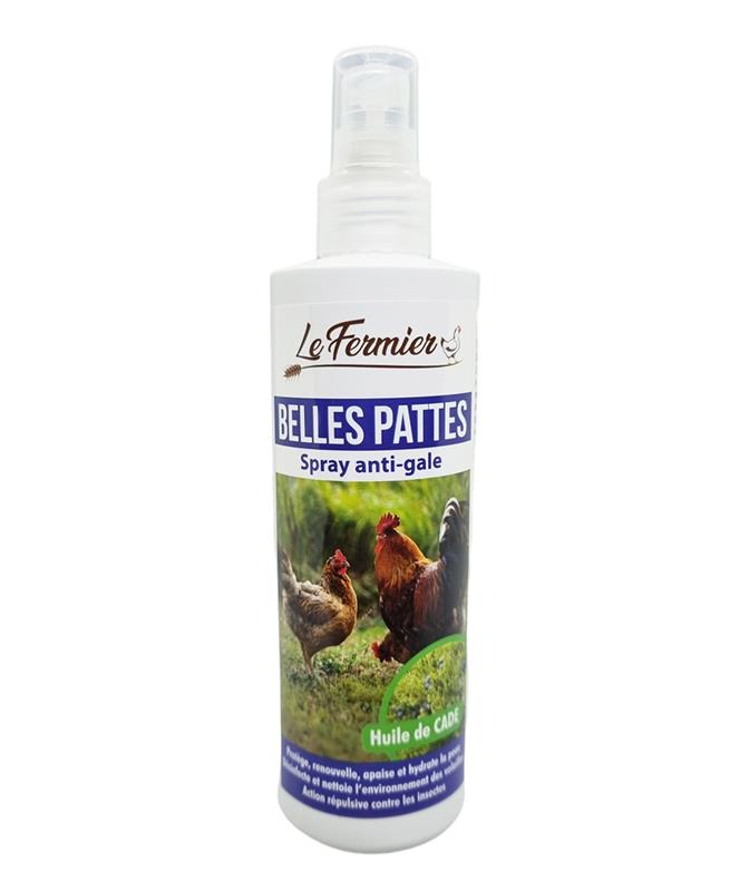 Spray de 250 ml Le Fermier Belles Pattes, soin anti-gale naturel à l'huile de cade pour poules et volailles, aide à la cicatrisation et apaise la peau.