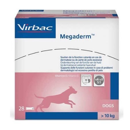 Boîte de Megaderm™ Virbac contenant 28 sachets de 8 ml pour chiens de plus de 10 kg, visuel rose avec la silhouette d'un chien.