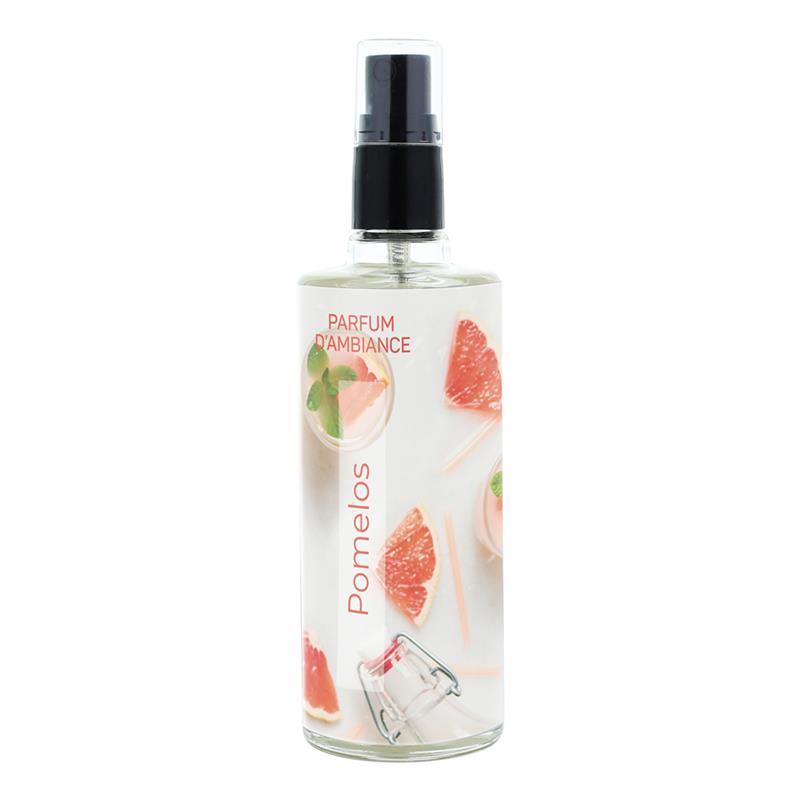 Flacon vaporisateur transparent de 125 ml de parfum d'ambiance Vapolux Pomelos, avec une étiquette claire illustrant des tranches de pamplemousse rose frais.